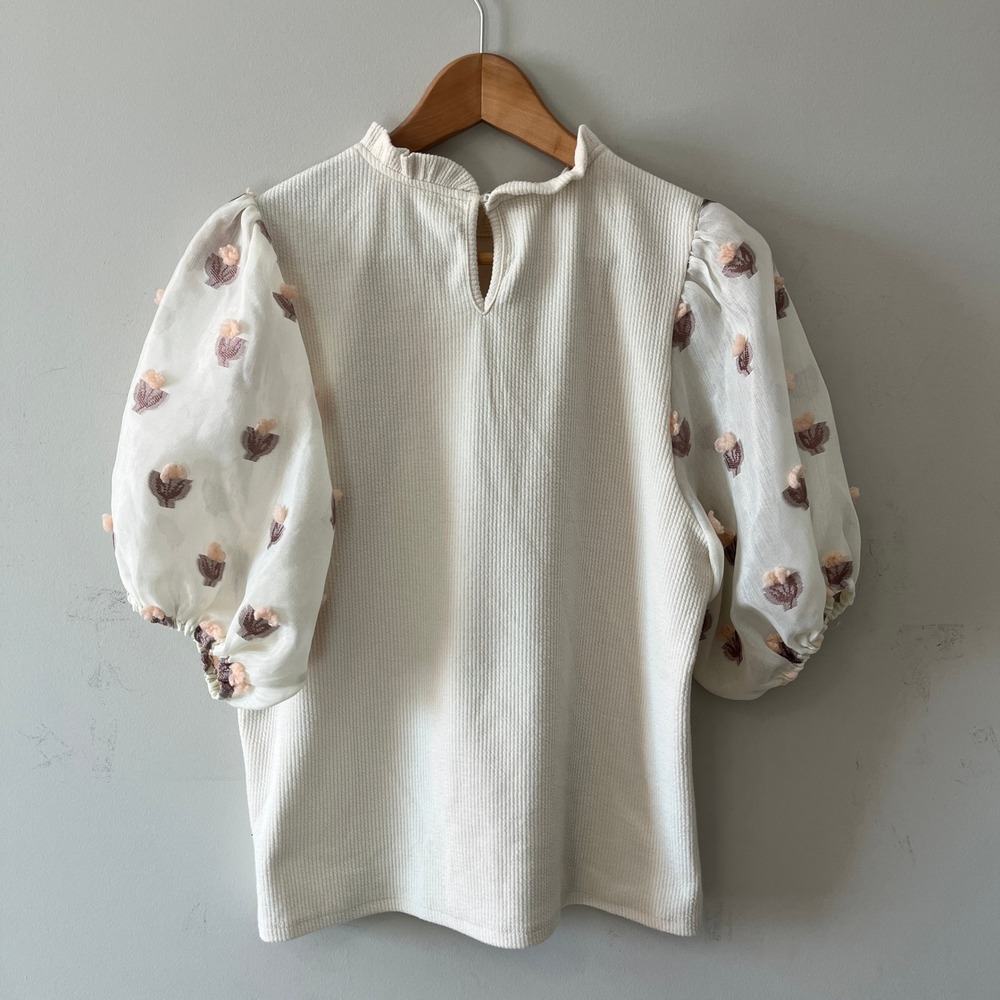 THML JH1566-CR Puff Sleeve Floral Top Cottagecore Cream Small Pom Pom Accents - Picture 4 of 10